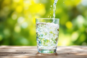 Poster - Glass of water being poured on wooden table.