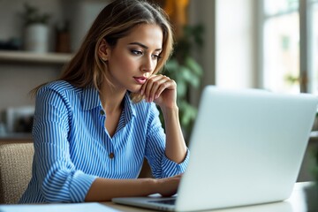 Poster - Focused woman in blue striped shirt using a laptop in a bright room.