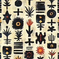 Poster - Abstract Pattern with Repeating Black and Orange Geometric and Floral Shapes on Off-White