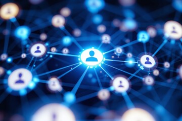 Poster - Social media network concept with glowing blue icons on dark background.