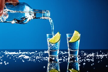 Poster - Pouring clear liquid into glasses with lime slices on reflective surface, vibrant blue background.