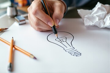 Poster - Hand drawing light bulb with pencil on white background.