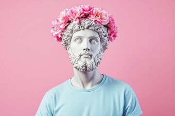 Poster - White marble statue with flower crown wearing pastel blue t-shirt on pink background.