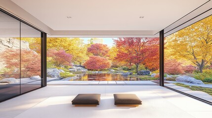 Poster - Modern Japanese house with sleek materials, stone flooring, and large windows offering a panoramic garden view.