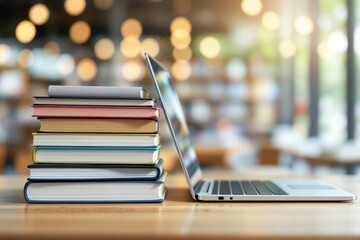 Poster - Stack of books and laptop on wooden desk, symbolizing traditional and digital learning. Blurred library background with warm bokeh lights.