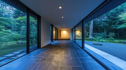 Poster - Modern Japanese house with sleek materials, stone flooring, and large windows offering a panoramic garden view.