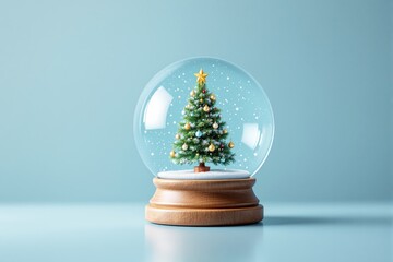 Poster - Christmas tree inside a snow globe with wooden base on light blue background.