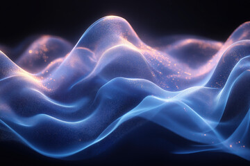 Fototapete - Glowing Energy Waves: Abstract digital artwork depicts dynamic waves of luminous energy, dancing across a dark canvas with gradients of blues and orange.