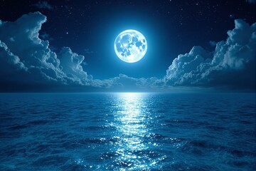Poster - Bright full moon over ocean with reflection at night.