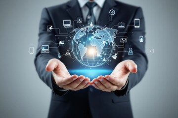 Poster - Businessman holding digital globe with technology icons.