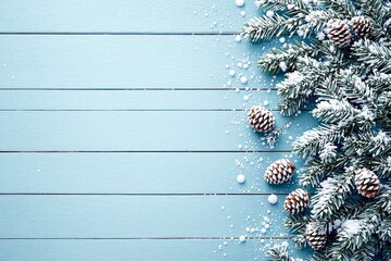 Poster - Snow-covered pine branches and cones on blue wooden background.