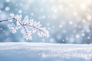 Poster - Frost-covered tree branch with delicate ice crystals against a soft-focus winter background.