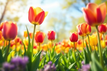 Poster - Vibrant tulips in full bloom with sunlight filtering through.
