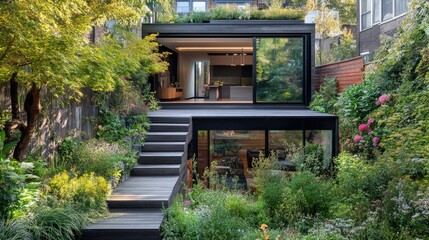 Poster - Narrow modern urban house with a floating staircase, rooftop garden, and stylish city appeal.