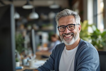Aufkleber - Mature professional smiling in modern office environment, vibrant and focused workplace background.