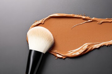 Poster - Makeup brush with foundation smear on textured dark background.
