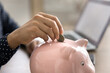 © fizkes - Savings and economy. Cropped close up young woman drop cash money in coins to cute toy piggybank. Investing finance online making safe e-bank deposit easy managing of trust fund using notebook concept