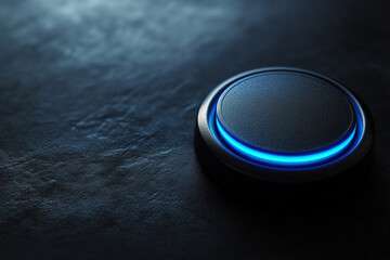 Abstract black button with glowing blue neon light modern technology design 3d dark round shiny power