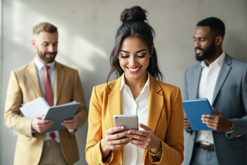 Poster - Business professionals holding documents and devices on light background.