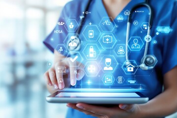 Poster - Doctor using tablet with medical icons interface.