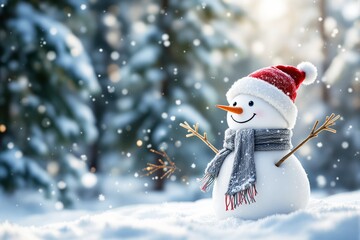 Poster - Cheerful snowman wearing a red Santa hat and gray scarf in snowy winter landscape.