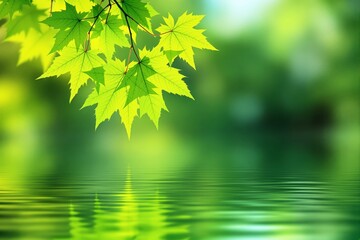 Poster - Green leaves over water. Reflection on surface.