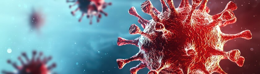 Poster - Abstract 3D Visualization of Microscopic Virus with Vibrant Red and Blue Colors