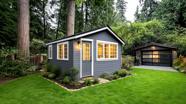 Charming garden shed surrounded by lush greenery in a serene outdoor setting.