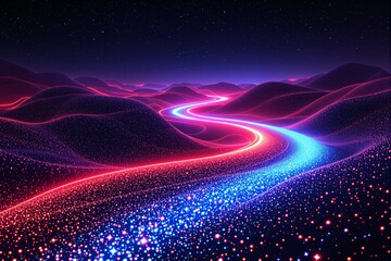 Poster - Neon glowing path through digital landscape.