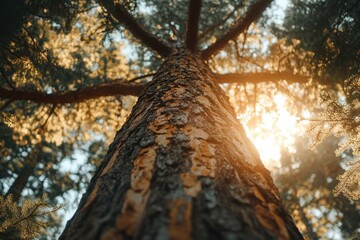 Wall Mural - Majestic tree reaching for the sky in a sun kissed forest with a worm's eye view capturing the beauty of nature in a golden light