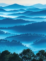 Wall Mural - serene blue mountain range landscape with misty fog and pine trees in a tranquil morning light aeria