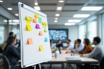 Poster - Business meeting with colorful sticky notes on a whiteboard.