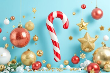 Poster - Festive candy cane and Christmas ornaments on light blue background.