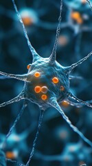 Poster - Microscopic neuron cell with dendrites and axon for medical research and science background