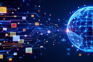 Poster - Digital globe with glowing data connections and colorful geometric shapes on a dark background.