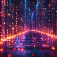 Poster - Abstract digital pathway with glowing blue and red lights on a dark background