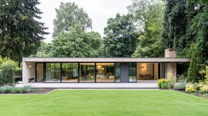 Poster - Sleek minimalist house featuring raw concrete walls, expansive glass panels, and simple landscaping.