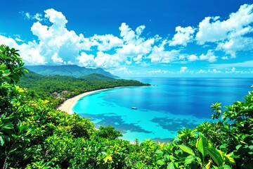 Aufkleber - Stunning tropical beach with turquoise waters and lush greenery under a bright blue sky.