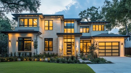 Poster - Sleek urban smart home with high-tech security features, motion lighting, and a futuristic entrance.
