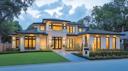 Poster - Sleek urban smart home with high-tech security features, motion lighting, and a futuristic entrance.