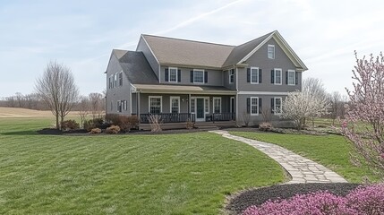 Poster - Spacious two-story countryside home with a large backyard, a stone pathway, and blooming flowers.