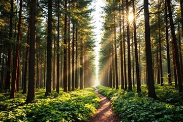 Poster - Sunlit forest path with tall trees and green foliage.