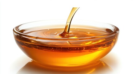 Poster - Golden honey pouring into a glass bowl creating a swirling pattern on a white background with a bright and clean food photography style
