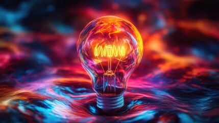 Poster - Glowing light bulb on a vibrant colorful liquid surface symbolizing innovation creativity and bright ideas with a futuristic and modern style