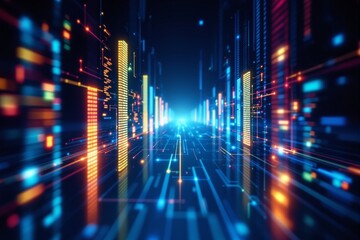Poster - Futuristic digital landscape with vibrant lights and data flow.