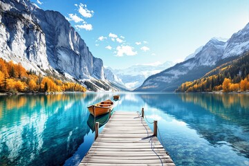 Aufkleber - Wooden dock with boats on a serene mountain lake.