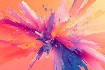 Poster - Dynamic abstract explosion of vibrant pink, orange, and purple brushstrokes, creating an energetic and modern artistic composition with a sense of motion and impact.