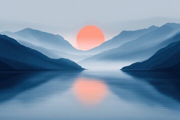 Poster - Serene Lake Landscape at Sunset with Mountain Silhouettes and Water Reflections in Pastel Blue Tones