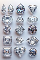 Poster - Sparkling Diamond Collection Showcasing Various Cuts and Shapes on a Clean White Background for Jewelry Design and Luxury Concepts