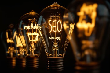 Poster - Illuminated light bulbs showcasing words like SEO and marketing strategy on a dark background.